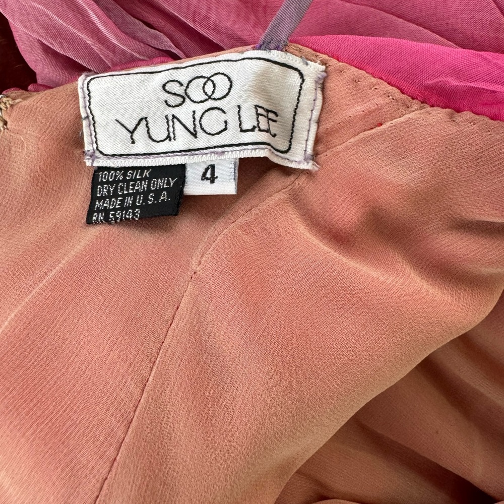 💕 Soo Yung Lee Vintage Silk Pink Ombré Spaghetti strap Ruched Gown with scarf - Picture 5 of 6